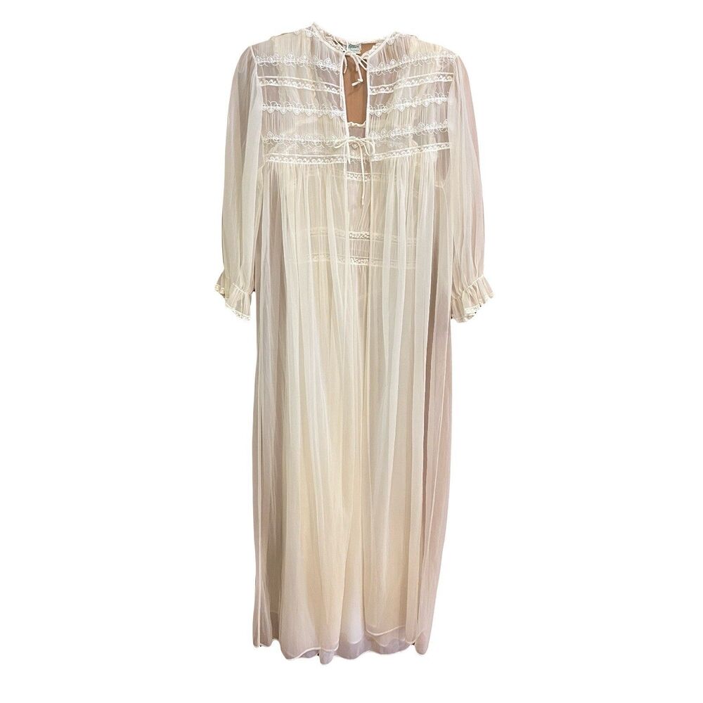 Vtg Rare Nan Flowers Original Nylon Peignoir Robe Nightgown 60s Regencycore